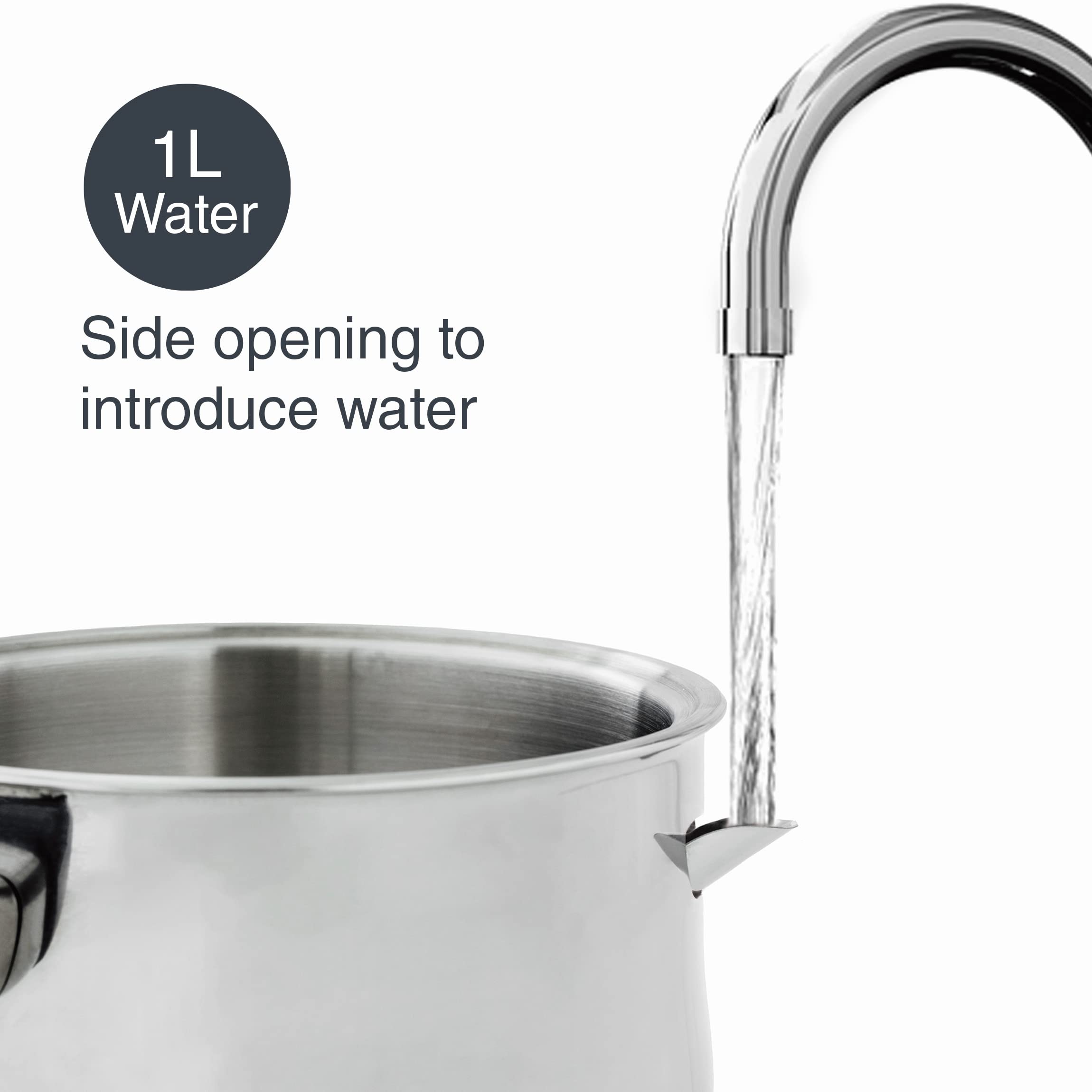 Lacor Vaso per Bagno, Secchio in Acciaio Inox 18 e 10, Manico Resistente al Calore, Apertura Laterale per Acqua, Adatto a Tutti i Fuochi Incluso Induzione, Lavabile in Lavastoviglie, 16 cm, 1 L, 62600