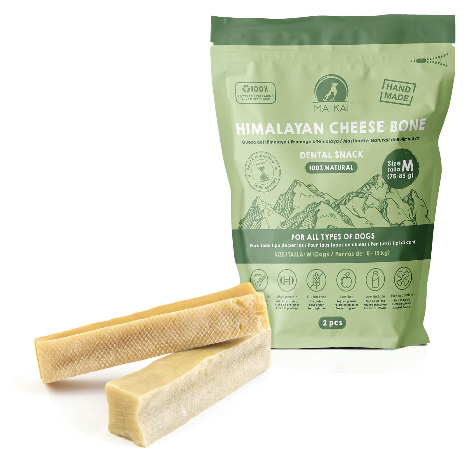 MAIKAI Hueso para Perros Queso del Himalaya Talla M Pack de 2 - Elimina Placa y Mal Aliento - Mordedor Natural - Churpi - Ideal Razas 5-15 kg - Premios Perros