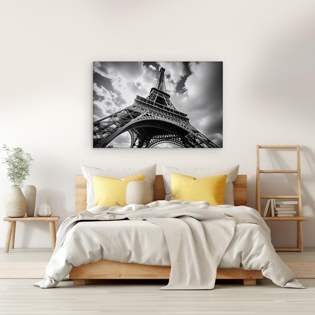 Canvas for Living room. Majestic Eiffel Tower Ascending to the Clouds in Timeless Monochrome, 27 x 18 inch Canvas Wall Art - Ready to Hang