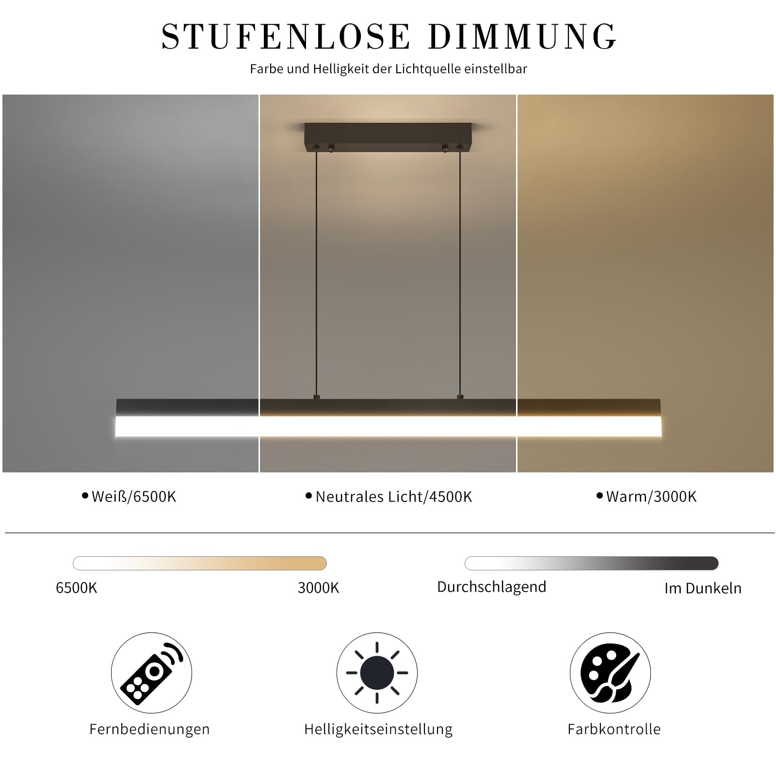 Mikeru Lampada a Sospensione Dimmerabile da 80CM, Lampada a Sospensione Lineare a LED 10%-100% Luce a Sospensione per Isola Cucina con Funzione di Memoria 3000K-6000K Lampada a Sospensione Moderna