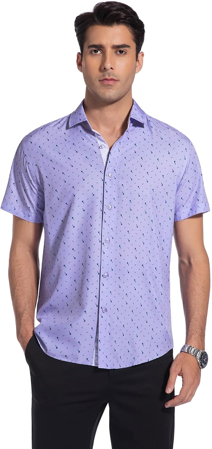 WARHORSEE Mens Printed Dress Shirts Wrinkle Free 4-Way Stretch Lightweight Summer Short Sleeve Button Down Shirts for Men - Image 2
