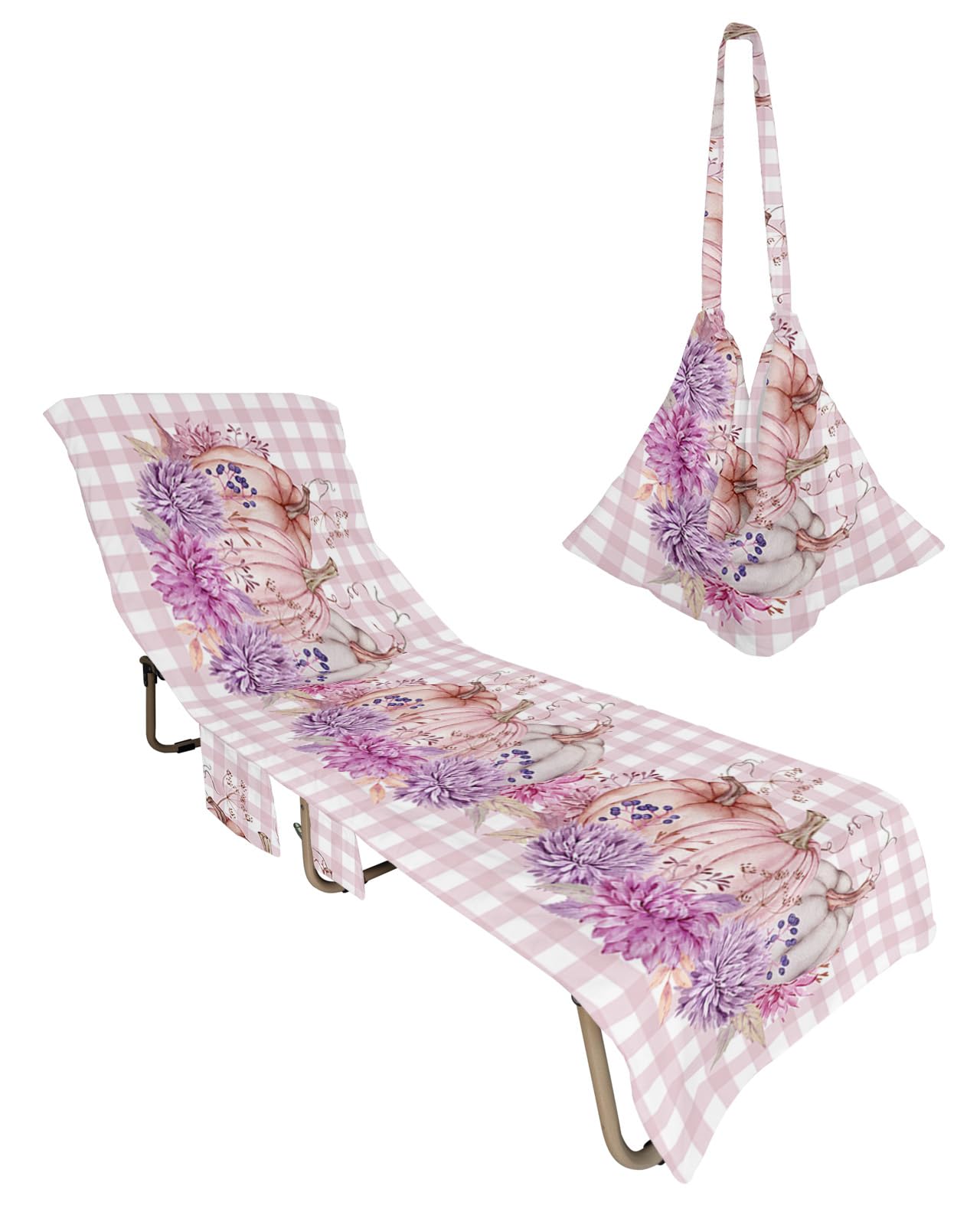 Pink Pumpkin, Beach Lounge Chair Towel Cover, Soft Chaise Lounge Towel with Side Pockets Patio Pool Chairs Cover for Beach/Pool Sunbathing 29x85 Light Purple Thanksgiving Flower Fall Plaid
