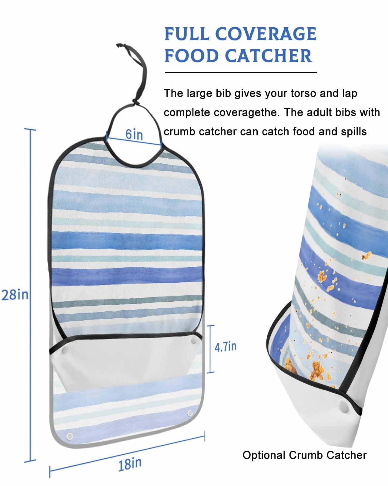 LEOKOTI Blue Striped Adult Bibs for Eating, Waterproof Bibs with Food Catcher & Adjustable Snap Closure, Watercolor Blue Ombre Stripes Washable Clothing Protectors Adult Bibs for Elderly Women/Men