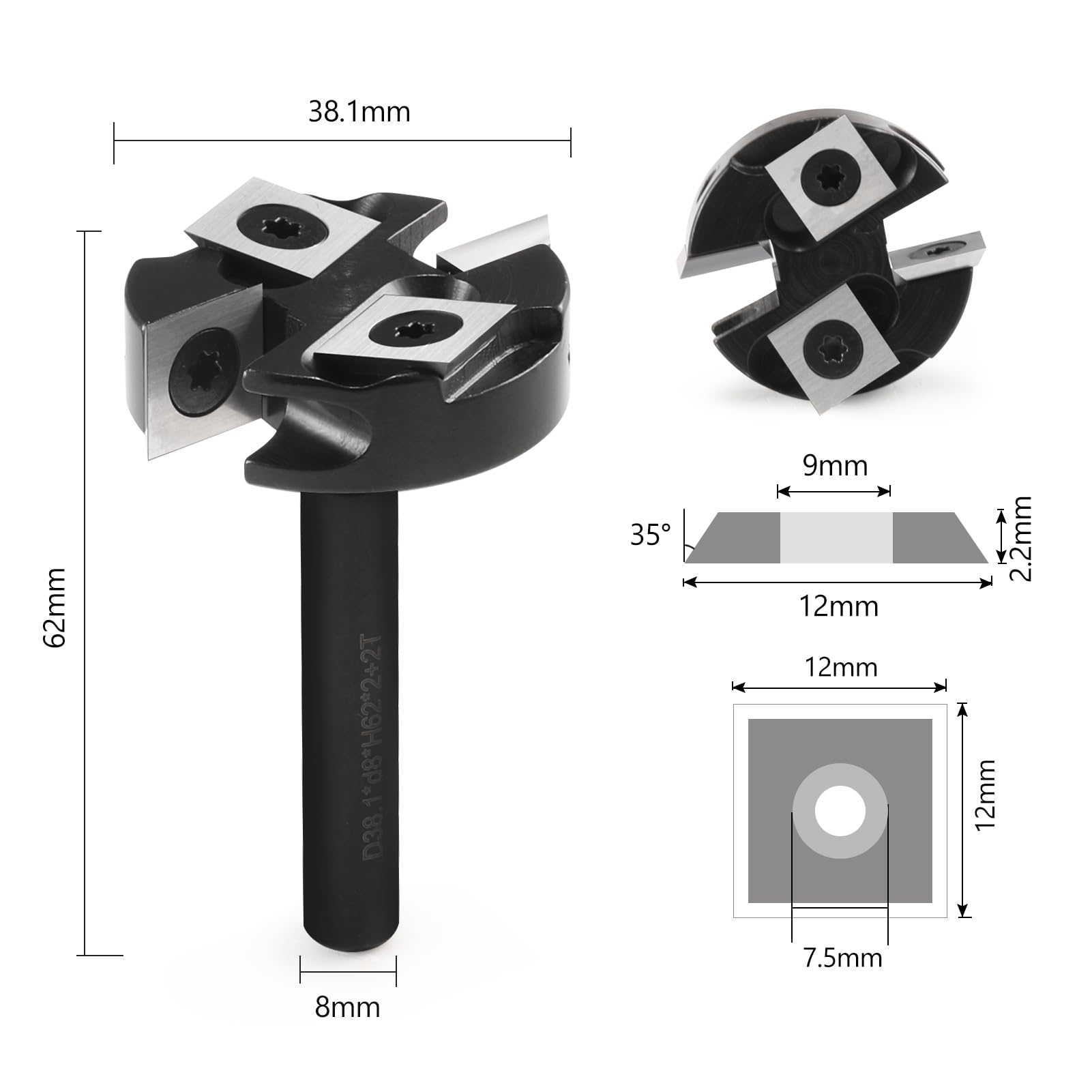 Frez czołowy do frezarki górnowrzecionowej do cięcia drewna Ø 31,8 mm / trzpień Ø 8 mm frez czołowy / frez do rowków / frezowanie krawędziowe, z 10 wymiennymi nożami z twardego metalu 2 + 2