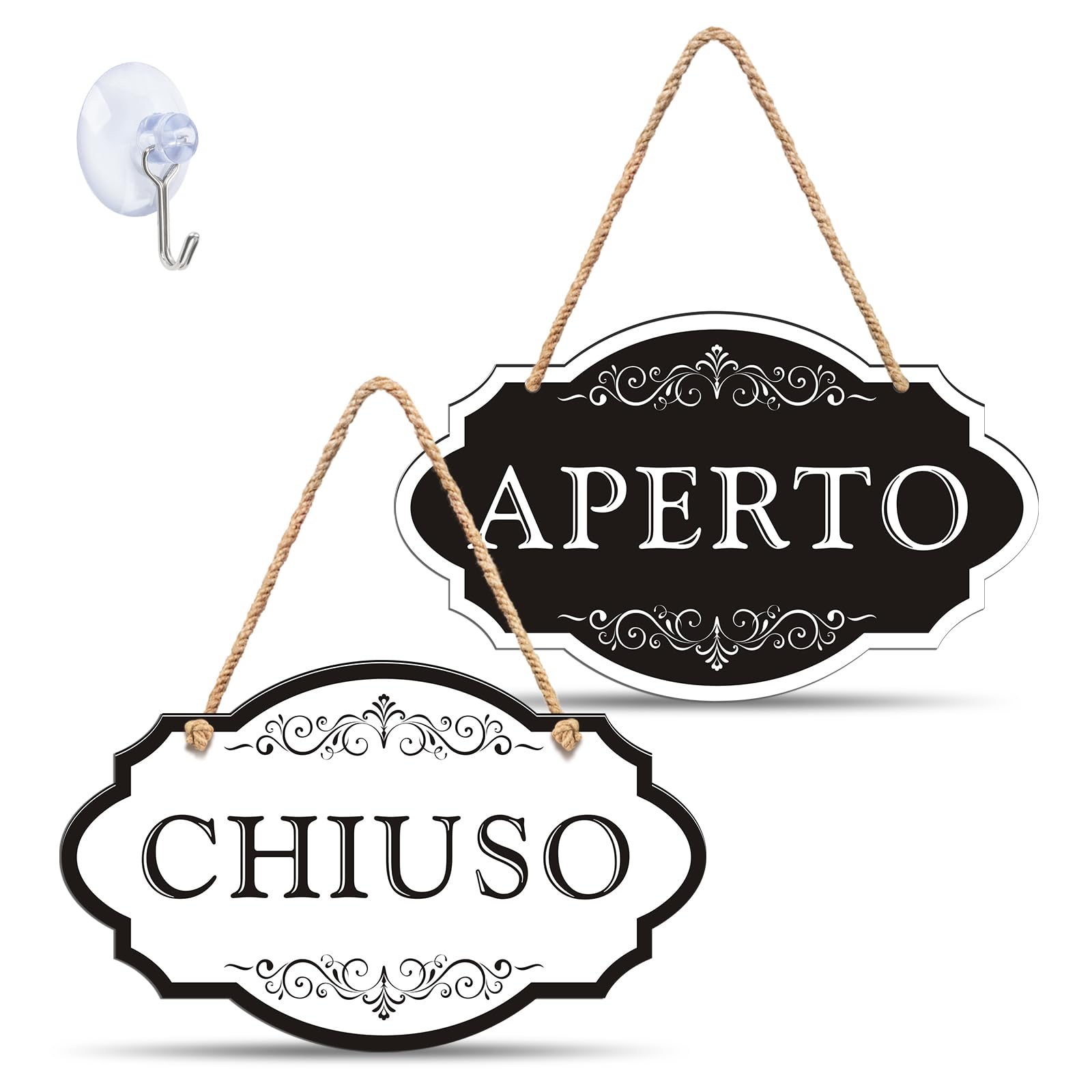 Cartello Aperto Chiuso per Negozio, In Acrilico Spesso 2mm, con Corda di Juta e Ventosa con Gancio - Completamente Attrezzato, Pronto all‘Uso (25x15 cm)