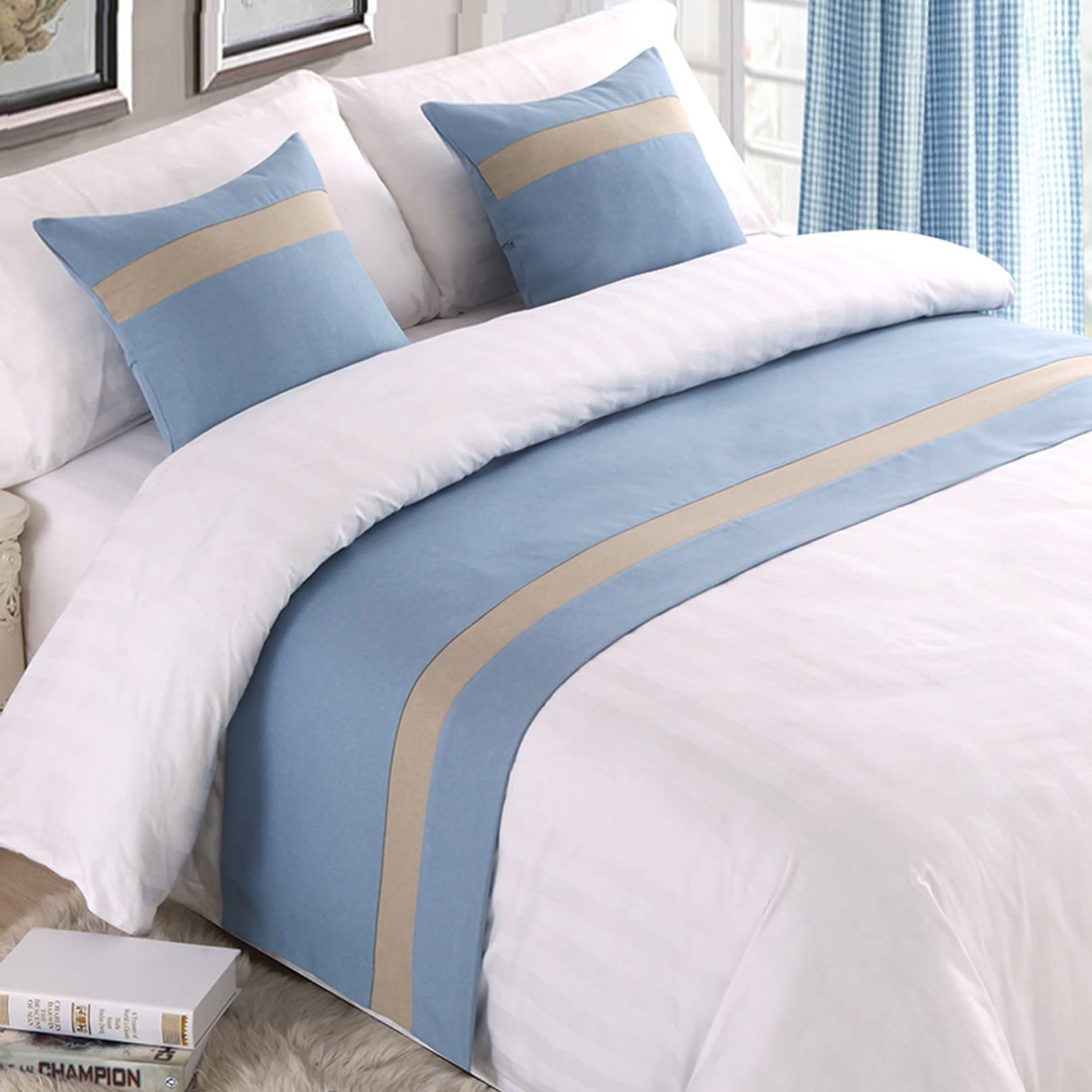 HLASMSPE Bed Runner for Foot of Bed Stripe Pattern Light Blue Decor Bedding Protection Cover Bed Scarf Bed End Towel Bed Mat No Fading Hotel Bedroom Wedding Room, 210x50cm