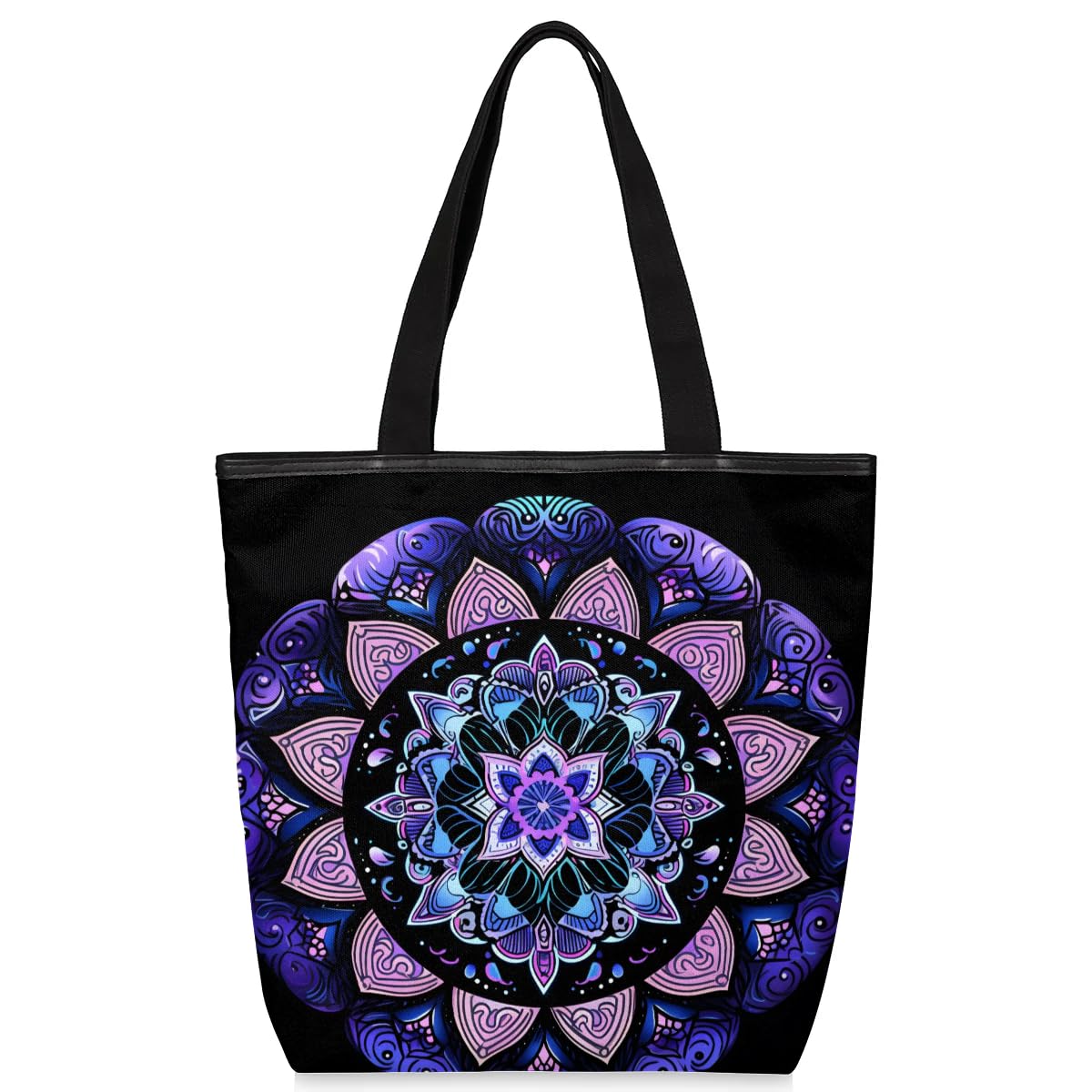 Mularoka Purple Mandala Canvas Tote Bag with Zipper and Pockets Canvas Tote Shopping Bag Women Reusable Grocery Bag for Beach Travel Gym Shopping