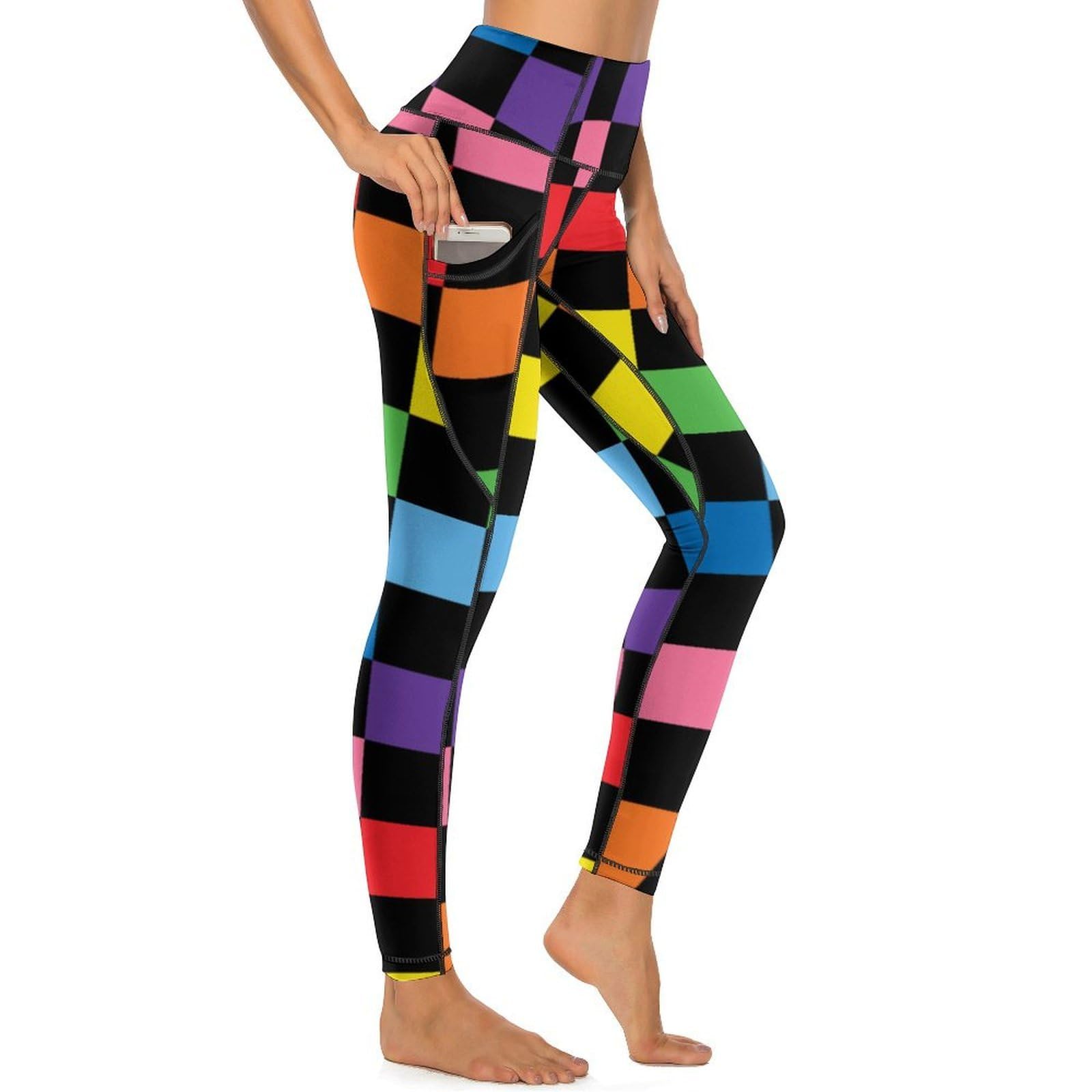 Legging noir carreaux arc-en-ciel pour femme avec poches | Pantalon de yoga - 7