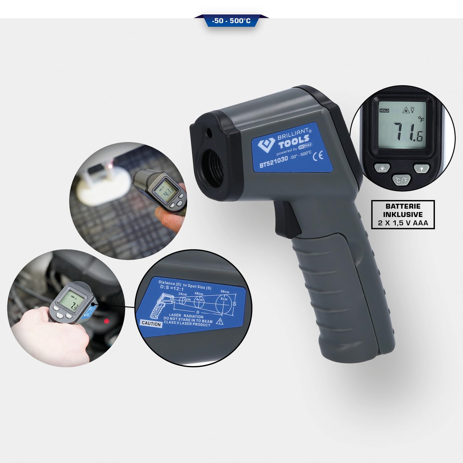 BRILLIANT TOOLS BT521030 Pirometr laserowy, -50° - 500° [Powered by KS TOOLS]