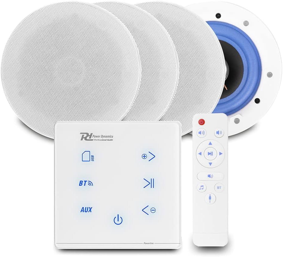 Power Dynamics Powerline Bluetooth Ceiling Speaker Package - Home Audio System with A100W Wall Amplifier & 4x ESCS5 5.25" Ceiling Speakers in White
