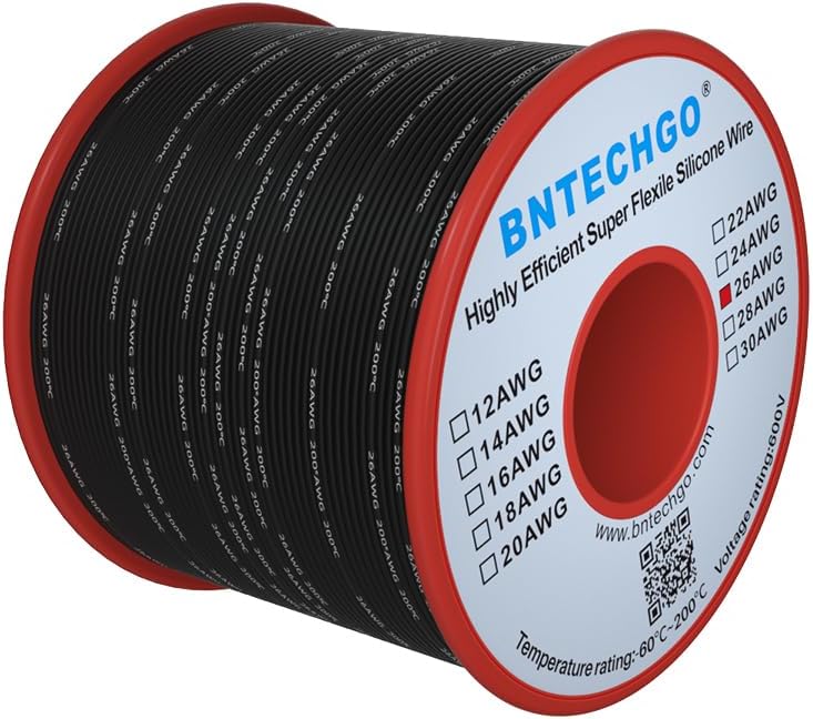 BNTECHGO 26 Gauge Silicone Wire Spool 250 ft Black Flexible 26 AWG Stranded Tinned Copper Wire