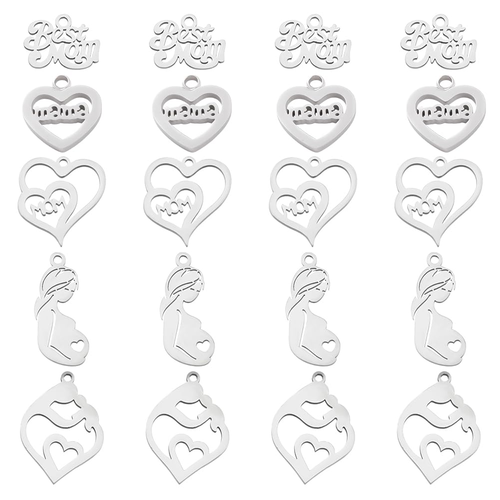 PH PandaHall 20pcs 5 Style Mom Charm Pendants, Stainless Steel Best Mom I Love Mom Heart Mom Pendants Letter Charms for Mother's Day Birthday Earring Necklace Bracelet Jewelry Making