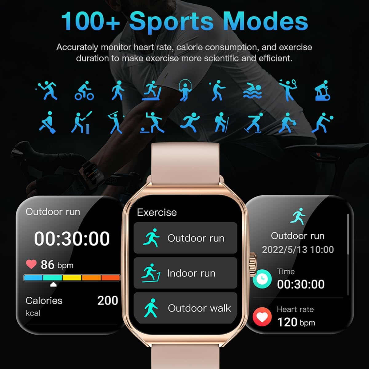 AOLON Curve Smart Watch displaying various sports modes and activity tracking data.