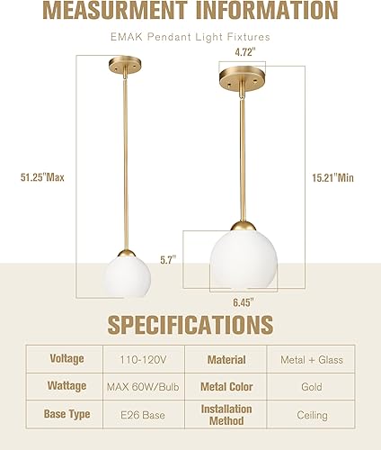 Miniatura 5 de Emak PL119-GD-ML-2PK - Lámpara colgante de globo de 7 pulgadas con pantalla de vidrio de leche, 1 luz colgante para isla de cocina, baño, comedor,