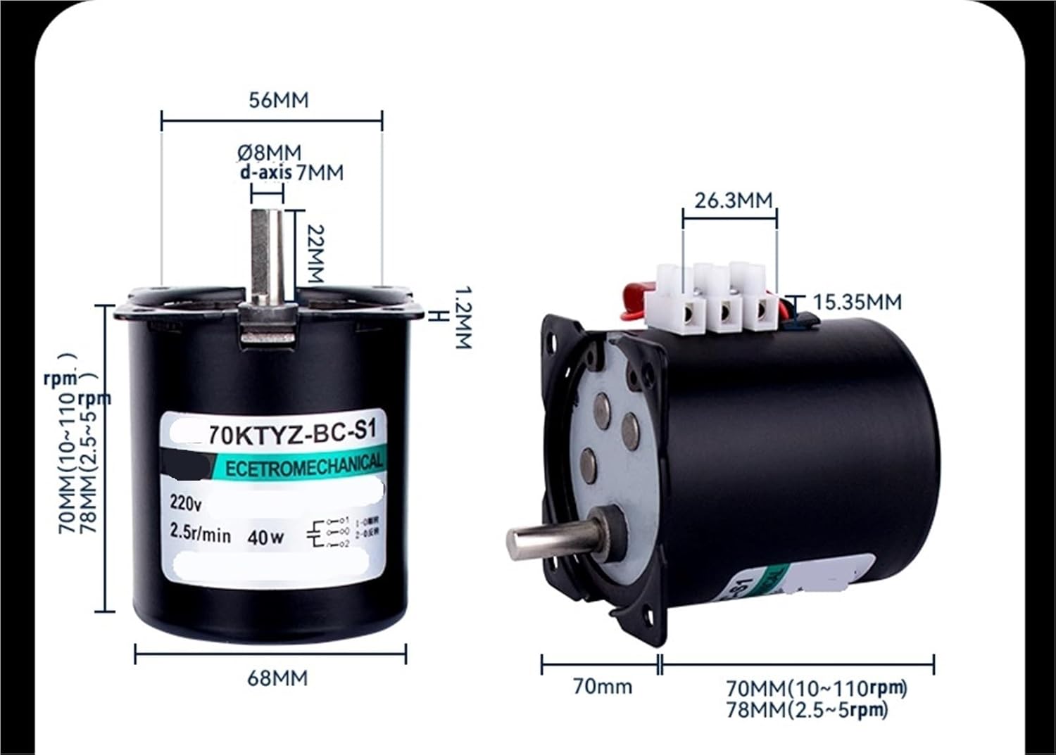 Upgraded Model 70ktyz Eccentric Axis Ac Synchronous Motor Bracket 220v 40w 2.5rpm -110rpm Micro Permanent Magnet Motor