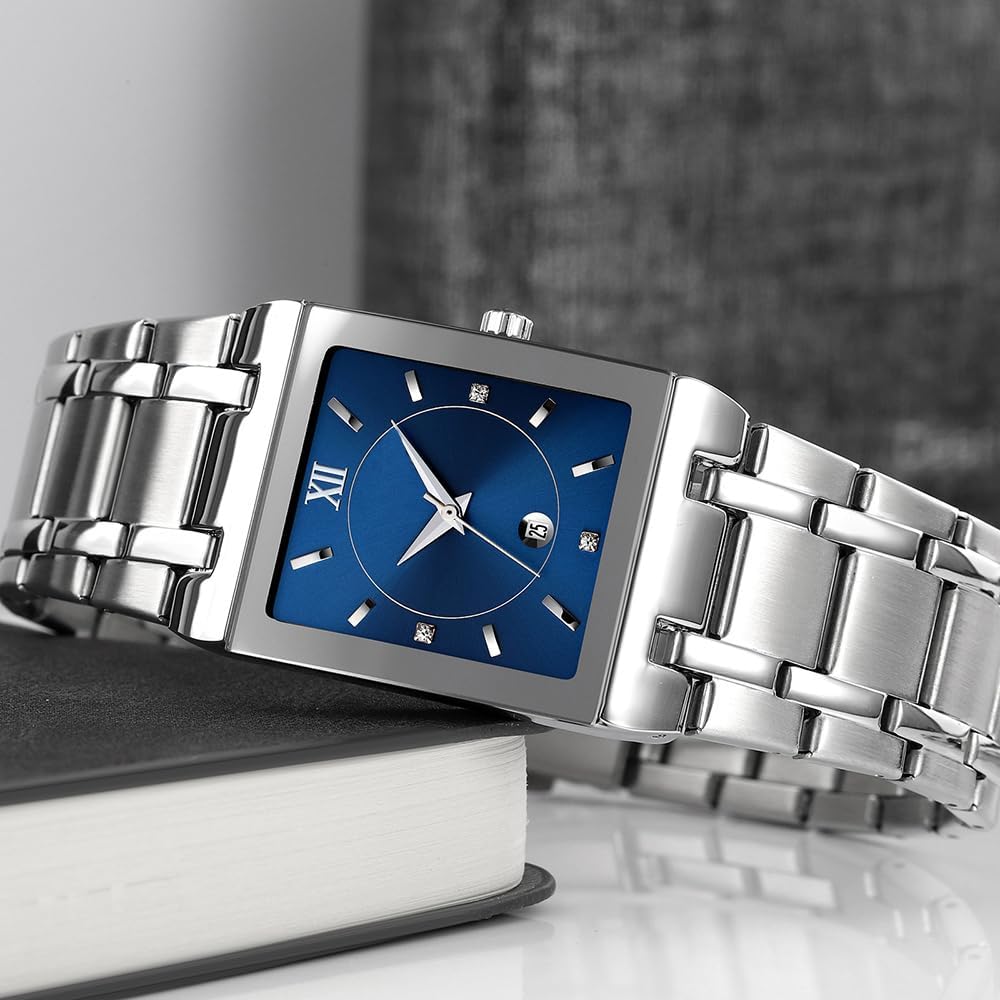 Fashion Silver Watches for Men Square Dial Date Waterproof Analog Quartz Stainless Steel Fashion Casual Mens Business Watch - Image 3