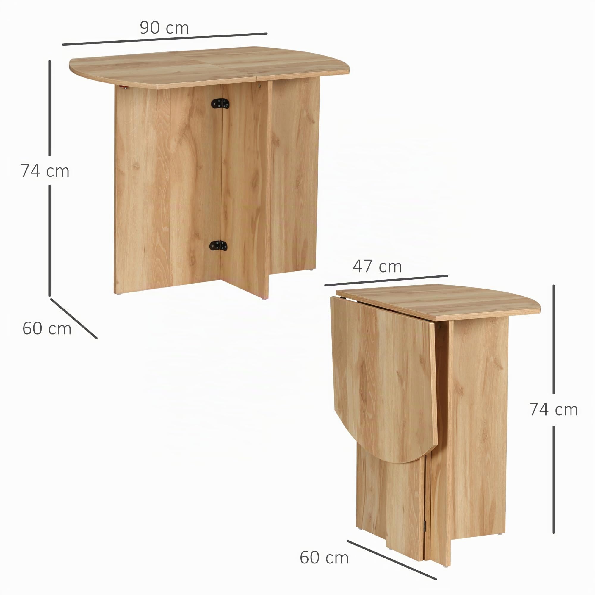 HOMCOM Mesa de comedor plegable ahorradora de espacio 90x60x74 cm Roble | Mesa de madera para exteriores para cocina y salón.
