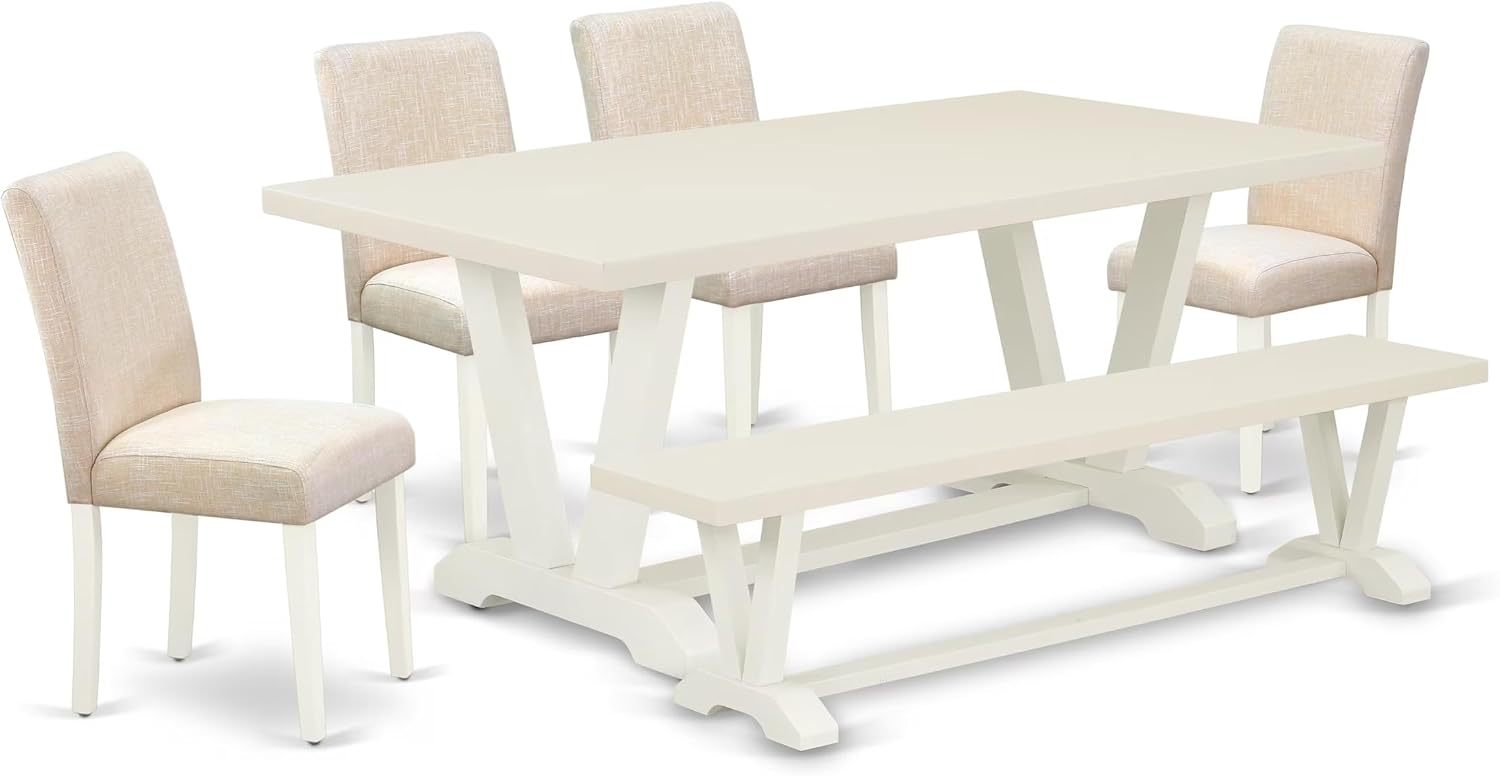 East West Furniture V027AB202-6 6 Piece Dining Table Set Contains a Rectangle Wooden Table with V-Legs and 4 Light Beige Linen Fabric Parson Chairs with a Bench, 40x72 Inch, Multi-Color