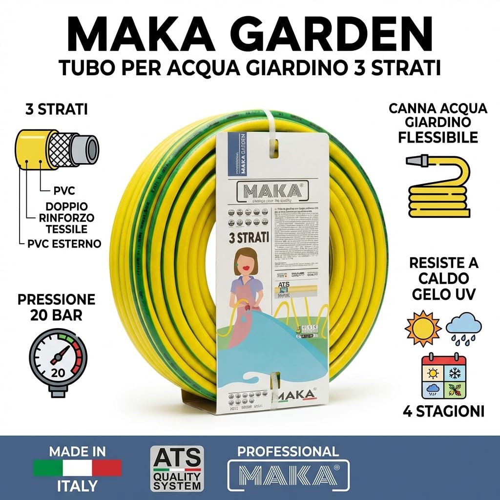 MAKA Tubo per Acqua Giardino 50 metri 5/8 Pollice 3 Strati Pressione 20 Bar Flessibile, Canna Acqua Giardino, Doppio Rinforzo Tessile Retinato Magliato Resiste a Caldo Gelo UV 4 Stagioni