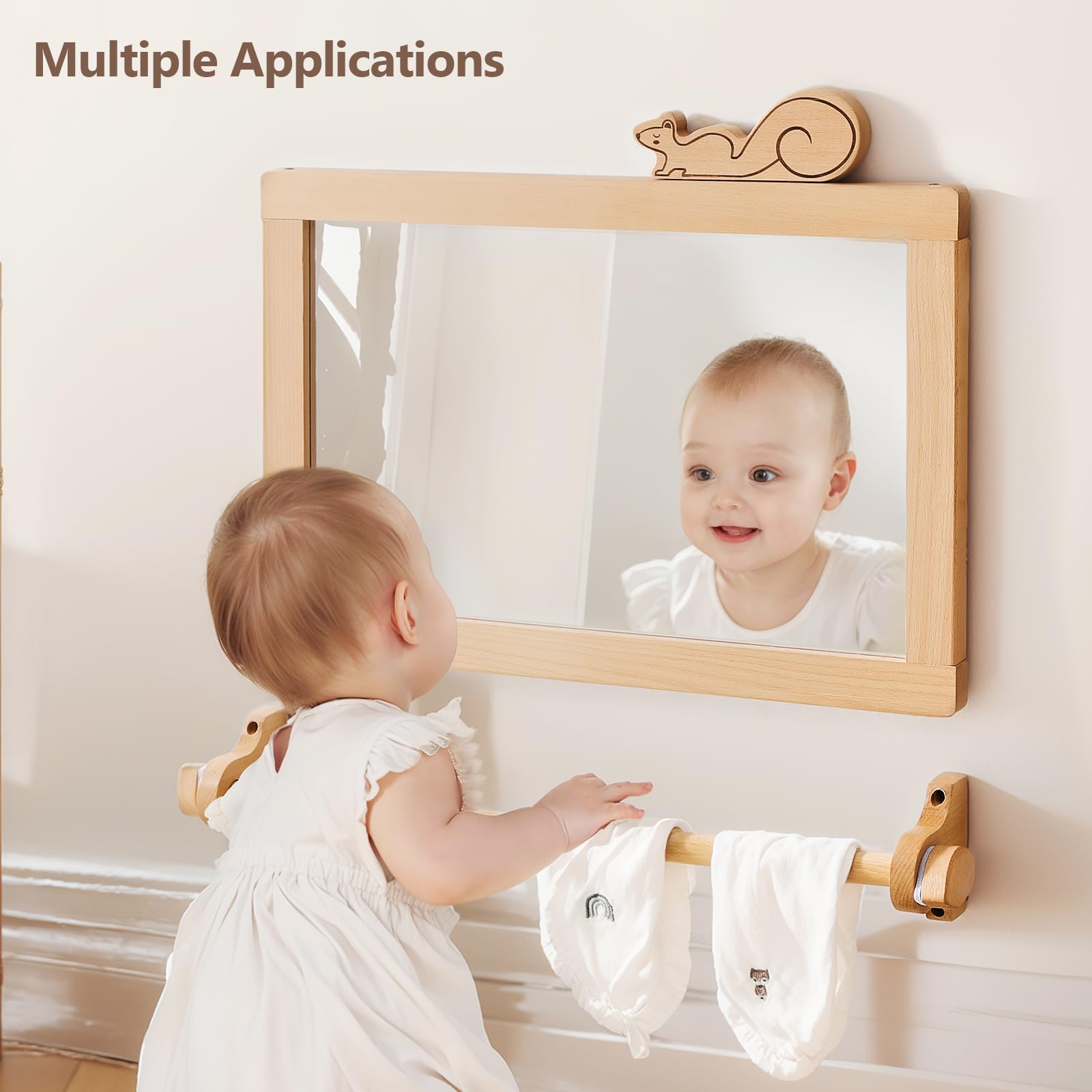 HI Baby MONMENT Montessori-Spiegel mit Stange, Abnehmbarer Holzrahmen, Anti-Chip, Wandmontage, Kinderspiegel