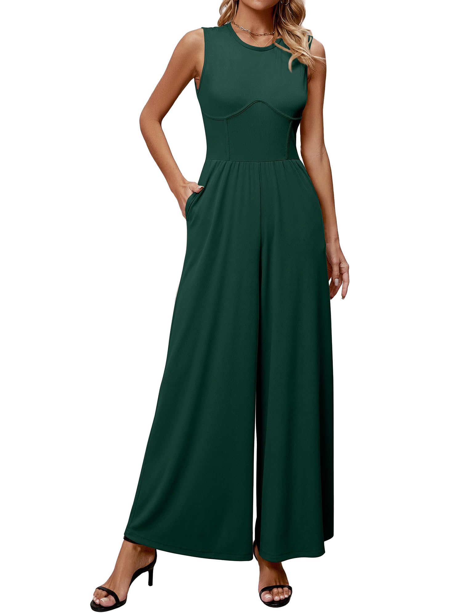 DIRASS Womens Summer Jumpsuits Sleeveless Dressy Casual One Piece Outfits Wide Leg Pants Rompers with Pockets