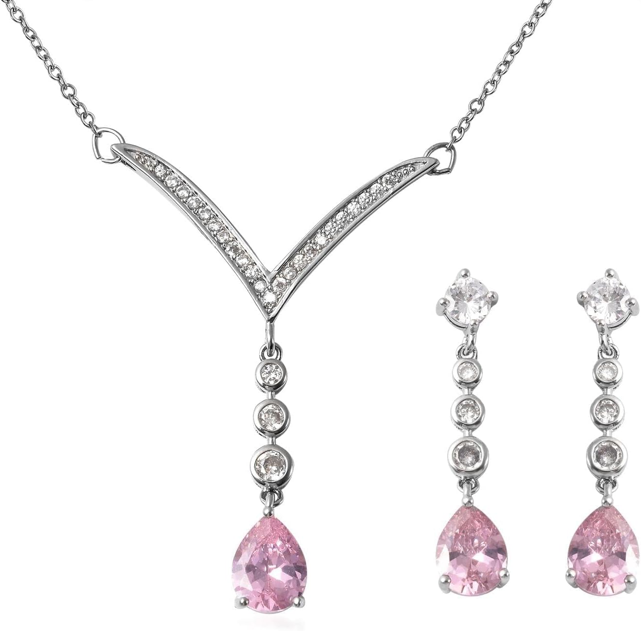 SHOP LC DELIVERING JOY Bridesmaid Pink Jewelry Set for Women Earrings Necklace Cubic Zirconia CZ Platinum Plated Wedding Women 18" Birthday Christmas Gifts