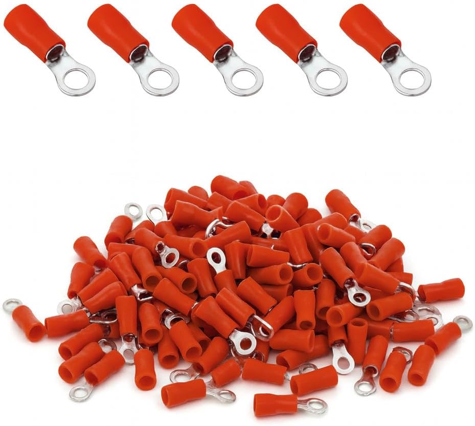 ANGSTROM #6 Bolt Ring Terminals, Insulated Electrical Crimp Connectors 100pcs (22-16ga Red)