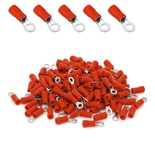 ANGSTROM Terminales de anillo de perno #6, conectores de crimpado eléctricos aislados, 100 piezas (22-16ga rojo)
