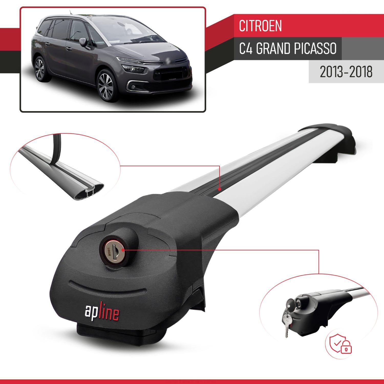 Compatibile con Citroen C4 Grand Picasso 2013-2018 Modello ACE-1 Barre Tetto Portapacchi Auto Barre Portatutto Grigio Alluminio 2 Barre