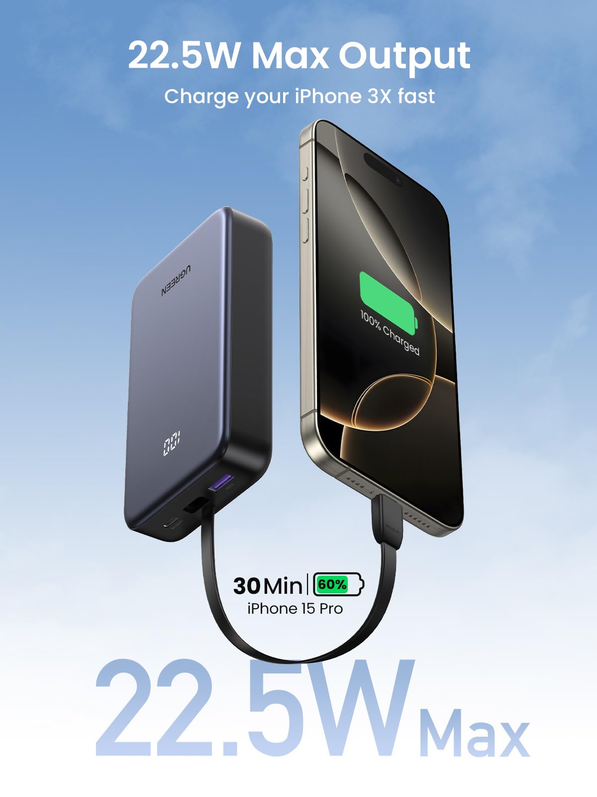 UGREEN Batterie Externe 20000mAh 22.5W Câble USB C Intégré Power Bank Portable Charge Rapide Input Output 2 Ports Écran LED Compatible avec iPhone 17 16 15 14 Air Plus Pro Max Galaxy S25 S24 S23 iPad