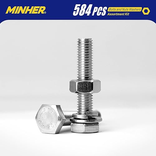 Miniatura 6 de MINHER Kit surtido de tornillos y tuercas M6 M8 M10 de acero inoxidable 304 (18-8), tornillos hexagonales y arandelas, incluye 15 tamaños regulares