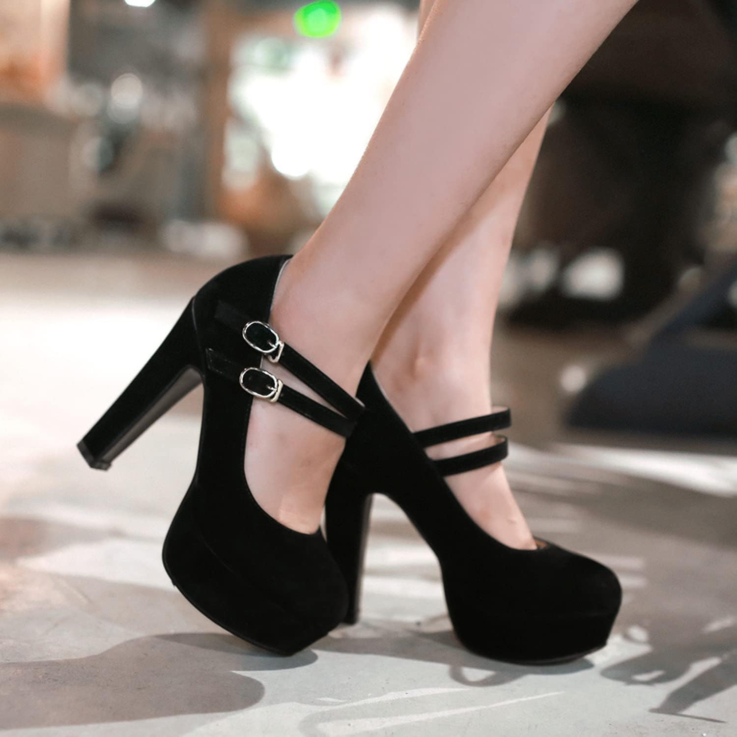 Zapatos de tacón alto con correa de tobillo doble de gamuza clásica, zapatos de fiesta de vestir con punta redonda y bloque grueso para mujer muslo/D/38EU