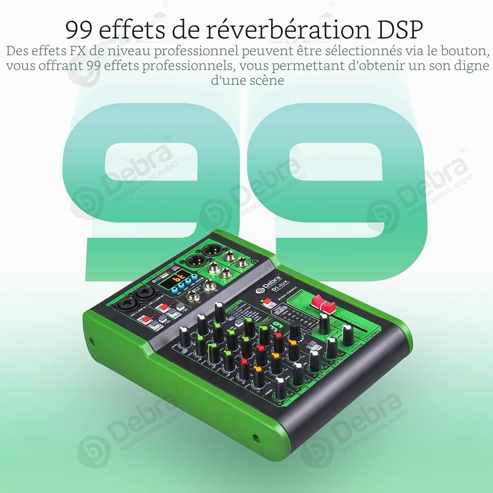 Mixeur DJ Debra DI-4UX - 4 Canaux, 99 Effets DSP, Entrée MP3, Alimentation Fantôme 48V, pour Console de Mixage Professionnelle