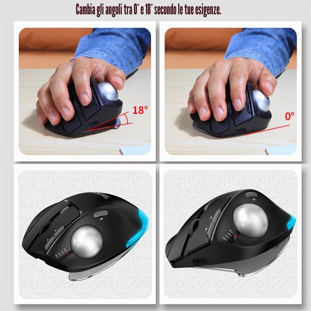 zelotes Mouse Trackball Bluetooth Wireless,Ricaricabile,4800DPI,8 Pulsanti,BT 5.0/3.0 + 2.4G,LED,Design Ergonomico,Mouse Senza Fili per PC,Laptop,Tablets,Nero