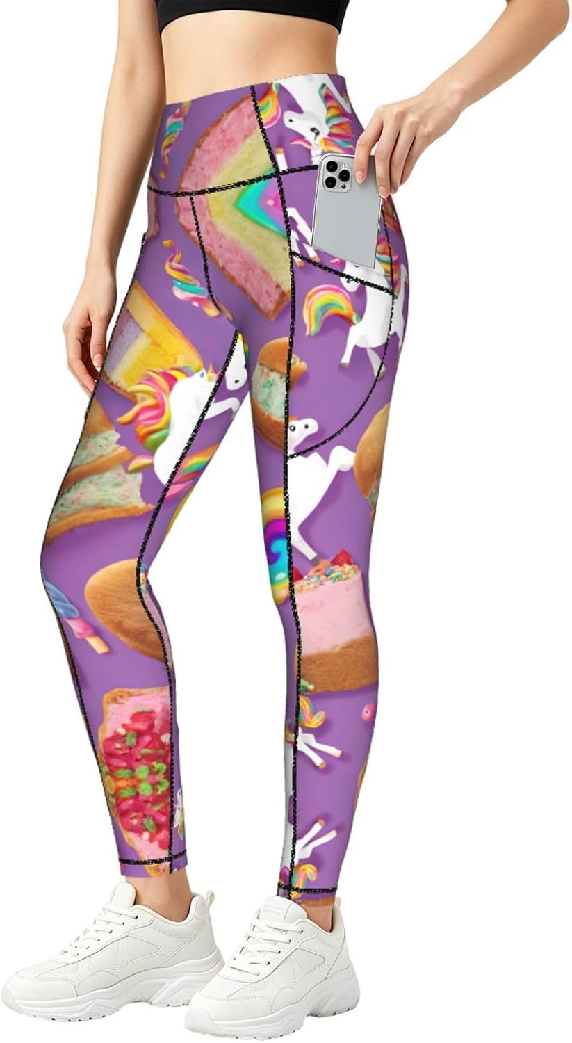 Unicorn Food Print High Waist Leggings with Pockets for Women,Gym Clothes,Compression Leggings