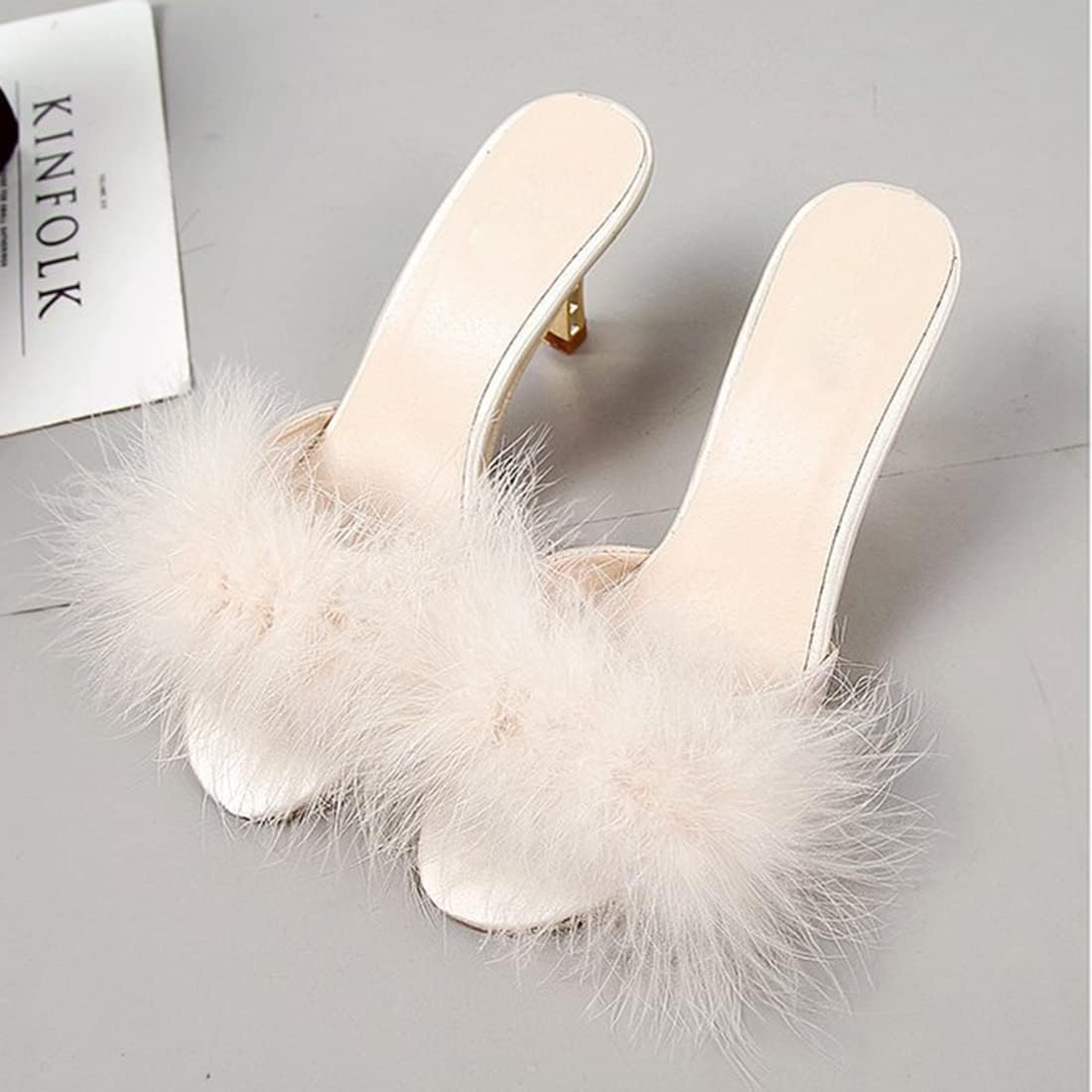 YIBLBOX Women's Round Toe Sandal Fluffy Feather Sexy Slippers Kitten Heeled Slippers - Image 3