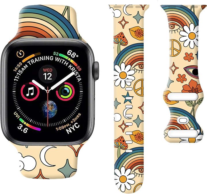 Silicone Pattern Watch Band Compatible with Apple Watch Band 38mm 40mm 41mm 42mm 44mm 45mm 49mm for Women Men,Luxury Sport Watch bands for iWatch Series 9 8 7 6 5 4 3 2 1 SE(mushroom rainbow floral)