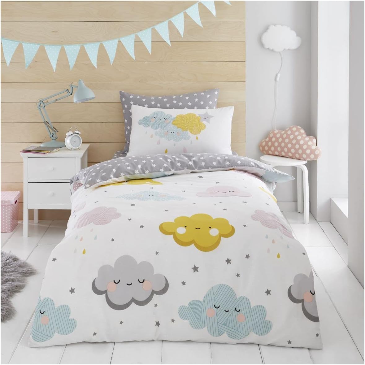 GC GAVENO CAVAILIA Luxury Happy Clouds Duvet Cover Single With Matching Pillow Case, Childrens Smily Clouds Bedding, Multi