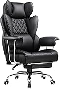 COMHOMA Big and Tall Office Chair, High Back Leather Gaming Chair with Footrest, Executive Ergonomic Office Chair with Pocket Spring Lumbar Support and with Outward Fixed Soft Armrests