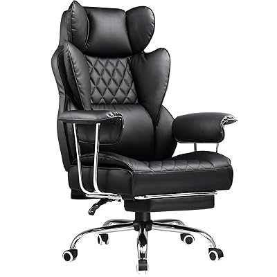 COMHOMA Big and Tall Office Chair, High Back Leather Gaming Chair with Footrest, Executive Ergonomic Office Chair with Pocket Spring Lumbar Support and with Outward Fixed Soft Armrests