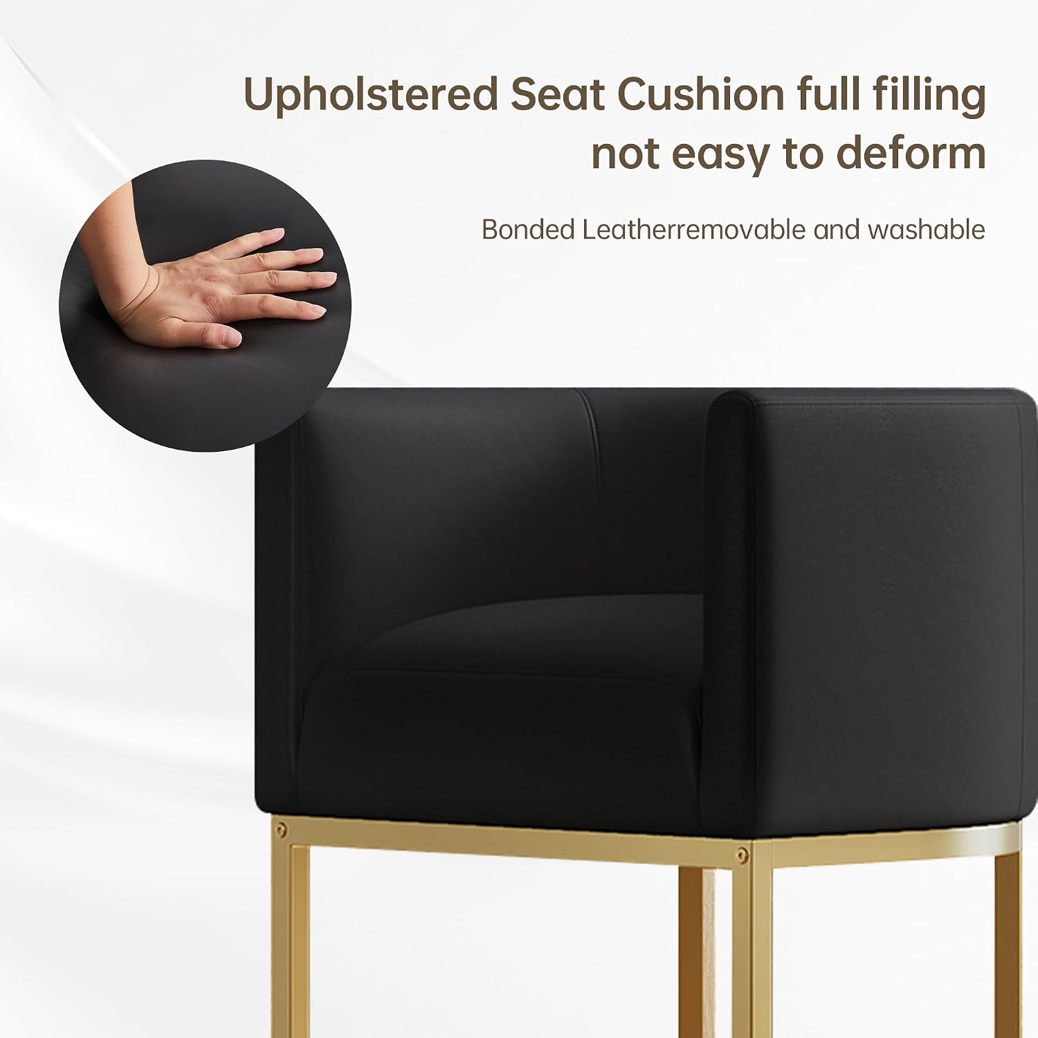 Counter Height Bar Stools Set of 2, Black and Gold Bar Stools, 24" Modern Barrel Counter Stools with Backrest and Arms, Black Leather Upholstered & Metal Base, for Kitchen Island and Bar