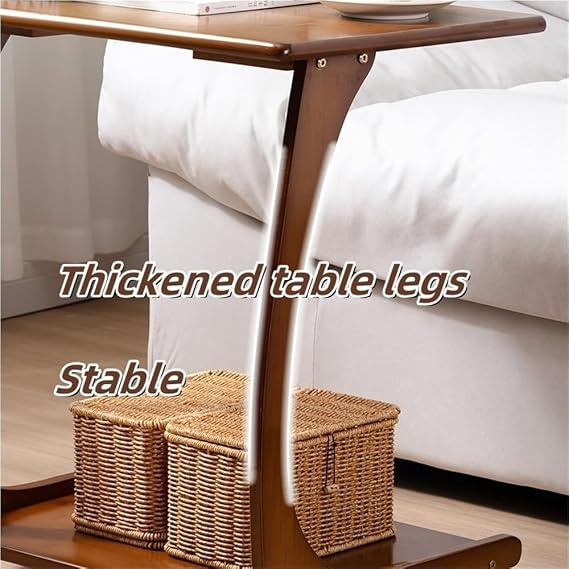 C Shaped End Table - Wooden Sofa Side Table with Rolling Casters and Double Shelves for Living Room, Practical Small TV Dinner Table