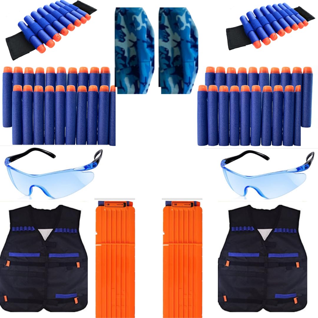 Tactical Vest Kit for Nerf Guns - 2 Sets. Nerf Party Supplies for Boys Birthday. Pack has Vest, Foam Darts, Masks, Clips & Safety Glasses, Present for Ages 4+Years Old