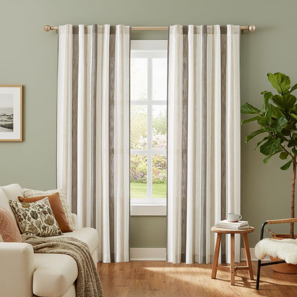 Jubilantex Linen Stripe Curtains 95 Inches Long Tan Charcoal Farmhouse Window Curtain Panels Light Filtering Room Darkening Printed Drapes for Bedroom, Rod Pocket Back Tab, 2 Panels