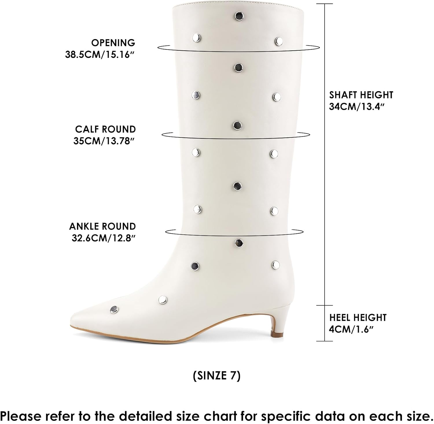 QIV Studded Knee High Boots Women Pointed Toe Kitten Heel Mid Wide Calf Boots with Zipper