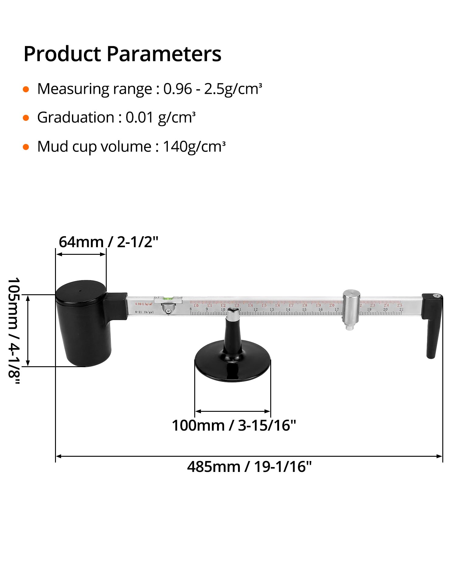 QWORK Hidrómetro de lodo – Densímetro líquido de escala de lodo de plástico de ingeniería 0,96-2,5 g/cm³, grado profesional 0,01 g/cm³, alta precisión y durabilidad, equilibrio de gravedad de lodo