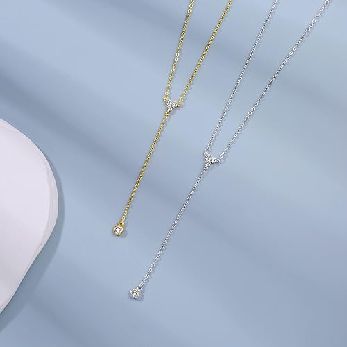 Miniatura 4 de VIROMY Delicado collar en Y para mujer, collar largo de oro de 14 quilates, chapado en oro de 14 quilates, circonita redonda, simple, hecho a mano,