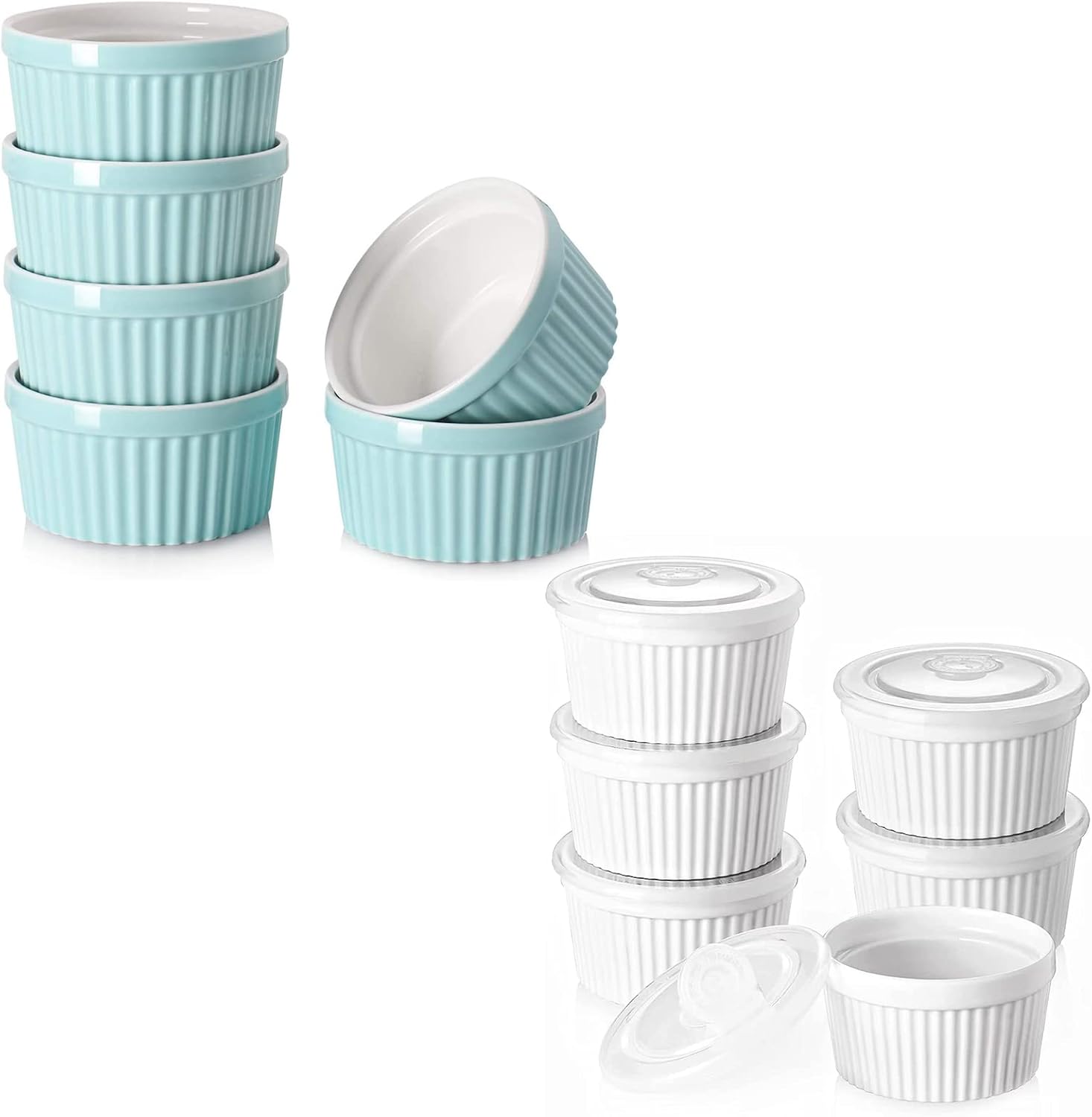 DOWAN Ramekins 8 oz Oven Safe with Lids, Creme brulee Souffle Ramekins with Covers, Porcelain White Ramekins for Baking, Stackable, Set of 6