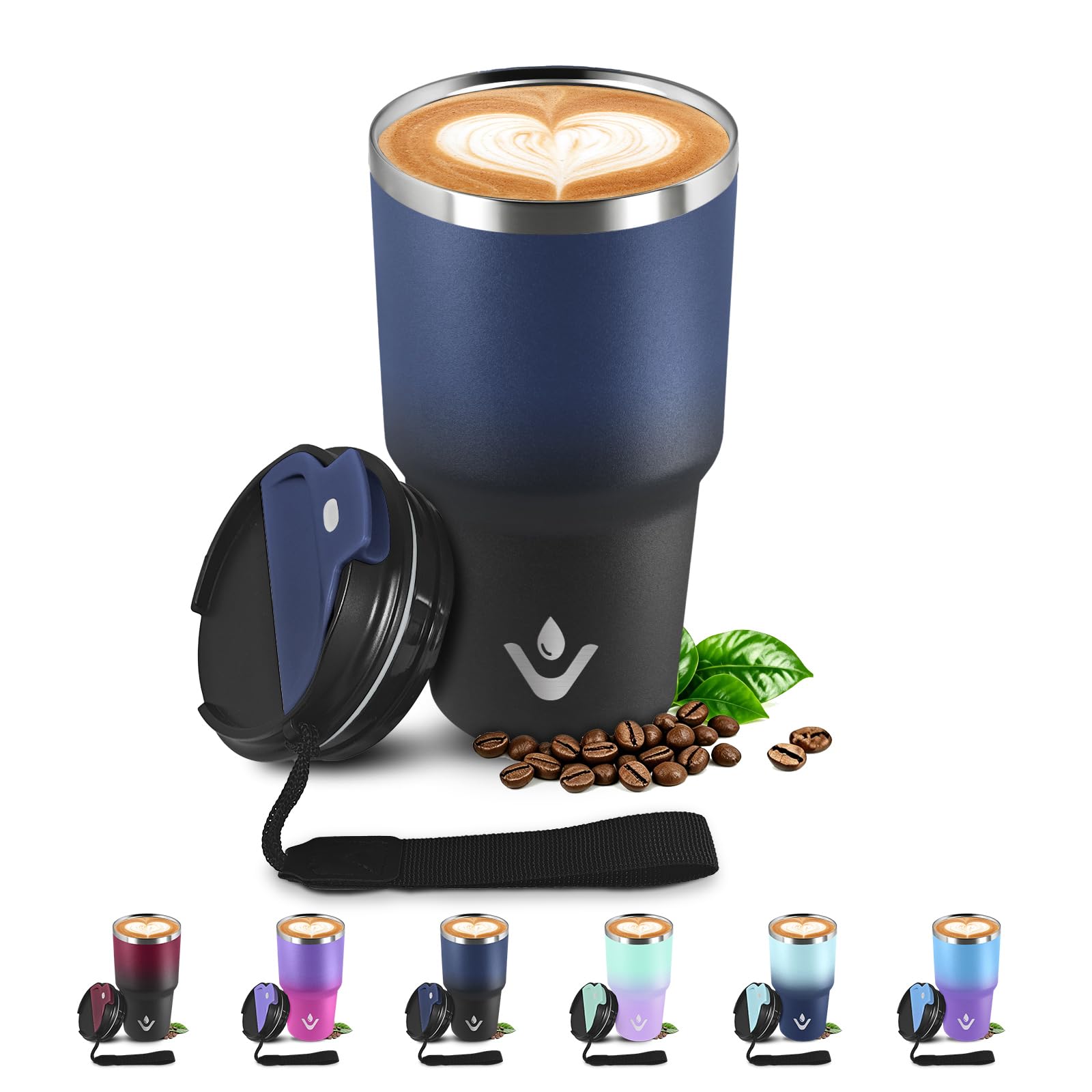 Japoria New-Dunkelblau + Schwarz Kaffeebecher 600Ml, Edelstahl Travel Mug, Doppelwandig Vakuum Isolierbecher Mit Deckel, Auslaufsicher Kaffeetasse, Vakuum Thermosflasche, Kompakt Passend Für Autotassenhalter Kaffee-To-Go Beche