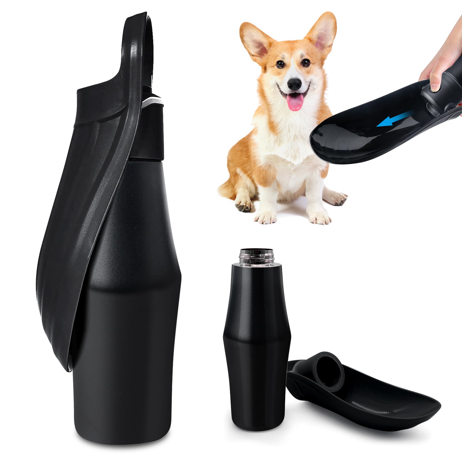 Hundetrinkflasche, Tragbare 750ml Edelstahl Wasserflasche für Hunde, 180° Faltbares Design, Ideal für Outdoor-Training und Hydratation